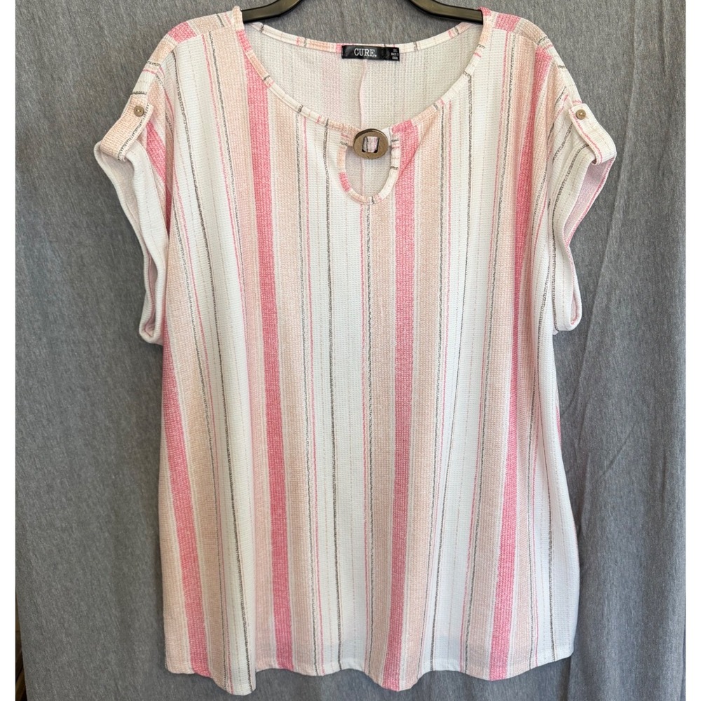 CURE Striped Keyhole Top Pink White Short Sleeve‎ Costal Grandmother Women 2XL